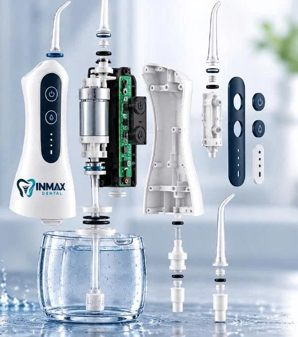 Exploded view of the water flosser: pump, circuit board, housing, seals and nozzles