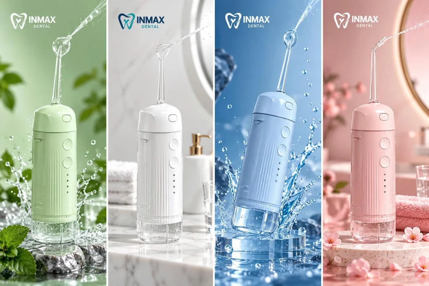Four colourways of the Inmax-branded water flosser: green, white, blue and pink
