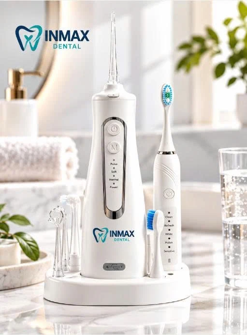 Inmax water flosser and electric toothbrush set in white