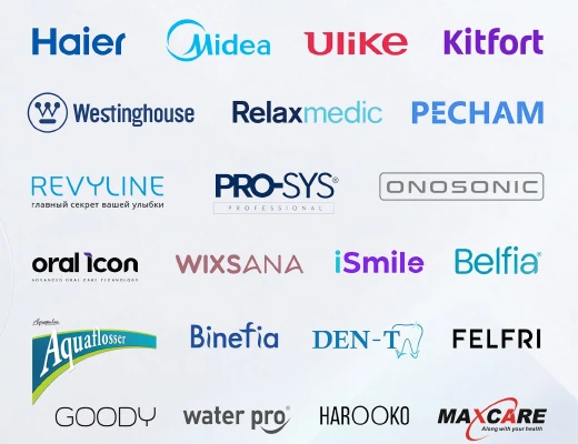 Logo các thương hiệu từng đặt gia công tại nhà máy: Haier, Midea, Ulike, Kitfort, Westinghouse, Relaxmedic, Revyline, PRO-SYS, Maxcare và nhiều thương hiệu khác